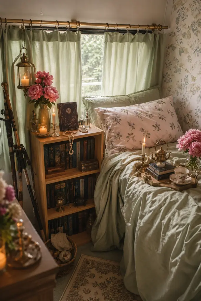 Romantasy bedroom with sage-green bedding, floral wallpaper, vintage books, pink peonies, and warm candlelight