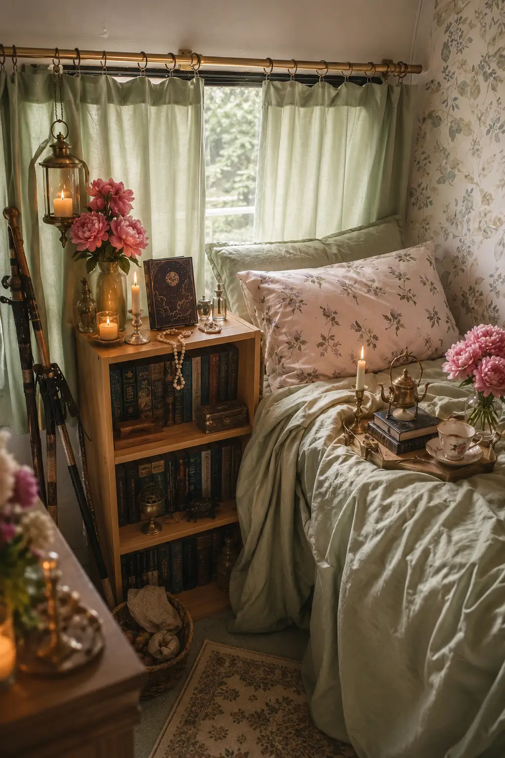 Romantasy bedroom with sage-green bedding, floral wallpaper, vintage books, pink peonies, and warm candlelight