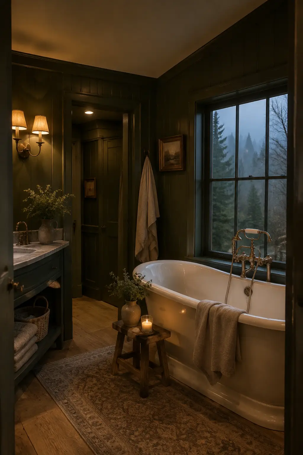 Forest-green cottage bathroom with a cream bathtub, warm brass lighting, and rustic wooden accents